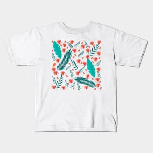 Orange and Green Leafs and Floral Pattern Seamless Design Kids T-Shirt